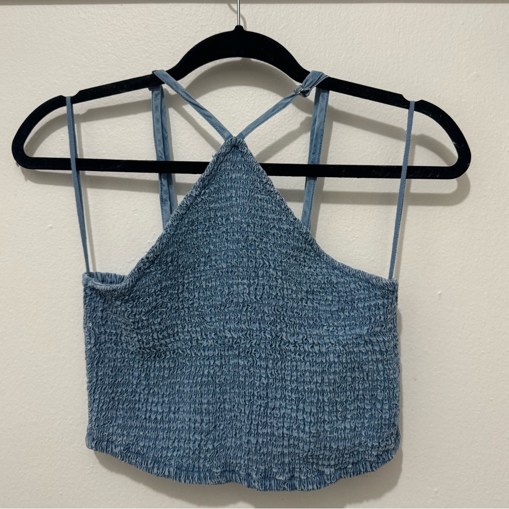 Blue Smocked Halter Crop Top